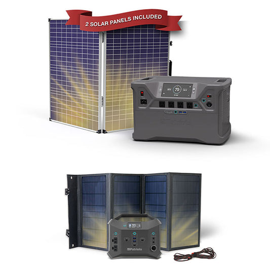 Two portable solar power stations with foldable solar panels, branded 4Patriots.