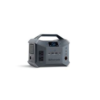 Patriot Power Sidekick portable power station studio product shot on white showing angled front outlets and display, portable solar generator
