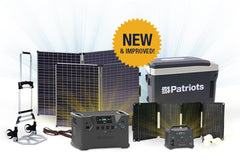 NEW and improved Patriot Power Generator 2000x with two 100-watt solar panels, 1 40-watt solar panel, Patriot Power Sidekick, Roll & Go Cart, and LED light string