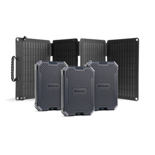 Patriot Power Voyager XL Solar Power Bank 3-pack with folding solar panel on a white studio background, portable chargers for off-grid and emergency backup power