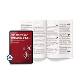 The Dangers of Backyard Bugs digital download — tablet displaying guide cover 'From the Nuisances to the Outright Deadly,' alongside open book showing chapters on mosquitoes, ants, bees and wasps, hornets, and the dangers of backyard bugs