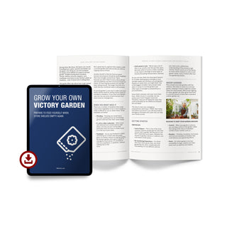 Grow Your Own Victory Garden digital eBook cover on a tablet beside printed pages covering survival gardening tips