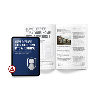 Home Defense Turn Your Home Into a Fortress digital eBook cover on a tablet beside printed pages covering home security tips