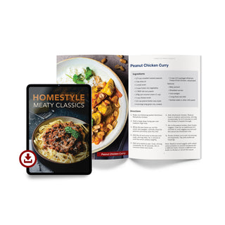 Homestyle Meaty Classics digital recipe guide showing a Peanut Chicken Curry recipe made with 4Patriots freeze-dried chicken