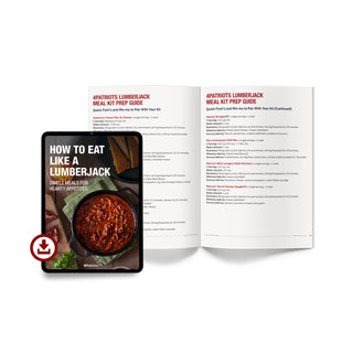 How to Eat Like a Lumberjack meal kit prep guide on a tablet beside printed pages of hearty chili and pasta recipes