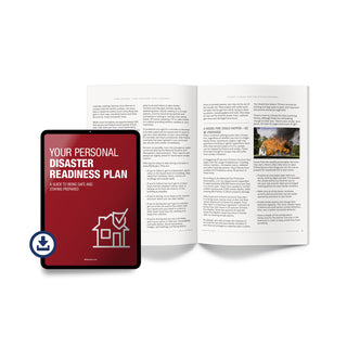 Your Personal Disaster Readiness Plan digital eBook cover on a tablet beside printed pages covering tornado and house fire safety tips