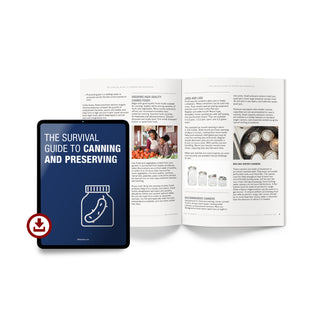 The Survival Guide to Canning and Preserving digital download — tablet displaying guide cover, alongside open book showing chapters on ensuring high-quality canned foods, jars and lids, recommended canners, and boiling-water canners