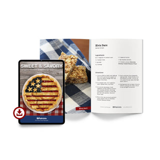 Sweet & Savory Easy Fruit & Veggie Recipes digital download — tablet displaying guide cover featuring an American flag pie, alongside open book showing the Elvis Bars recipe made with 4Patriots Sweetly-Coated Banana Chips, oats, honey, and peanut butter
