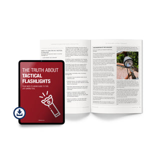 The Truth About Tactical Flashlights digital download — tablet displaying guide cover with your need-to-know guide to this life-saving tool, alongside open book showing chapters on what to look for in a tactical flashlight and the invention of the flashlight