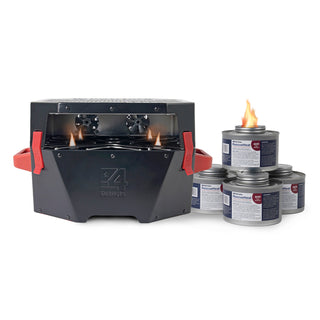 RescueHeat Emergency Space Heater & Stove burning with flames beside four 6HR RescueHeat fuel cans, a compact off-grid heater and cook stove for power outage preparedness