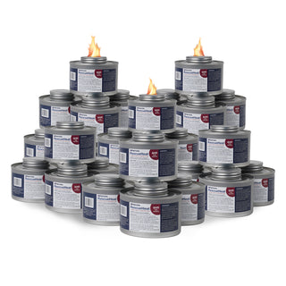 4Patriots RescueHeat canned cooking fuel 24-canister array with three cans lit, 6-hour emergency heat and chafing fuel for off-grid survival cooking