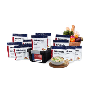 Comfort Classics Soups & Stews Survival Food Kit pouches and storage bin displayed with fresh vegetables, part of 4Patriots survival food kits