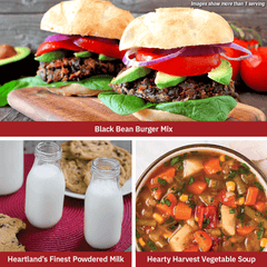 More than one serving of Black Bean Burger Mix, Heartland's Finest Powdered Milk, and Hearty Vegetable Soup prepared