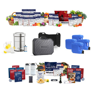 Silver Star Emergency Survival Package: full array of food kits, produce, gravity water filter, solar panels, AlphaCase power station and bonus guides, emergency survival kit