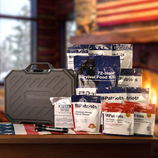 Silver Star Emergency Survival Package: square lineup of the 4Patriots power station case, flashlight and survival food kits by a fireplace, emergency survival kit