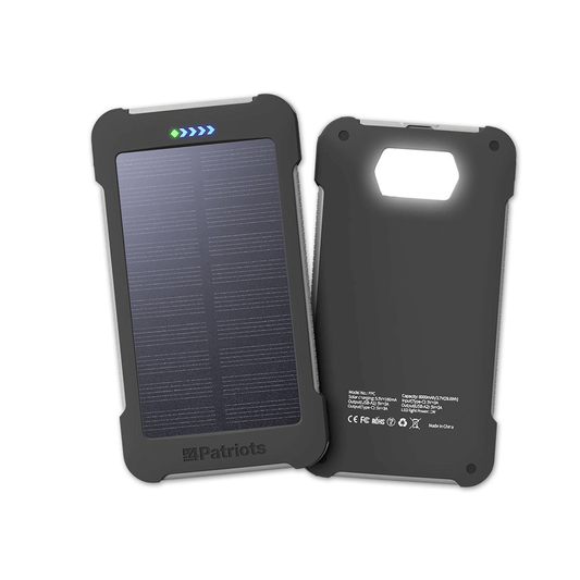 Patriot Power Cell CX 1 pack. View of the front and back with the light on.