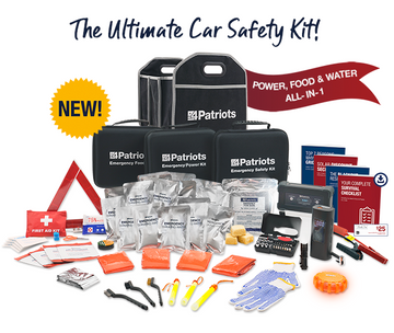  The Ultimate Car Safety Kit. Power, Food & Safety All-In-1. Array of Patriot Power All-in-1 Emergency Car Kit with bonuses.