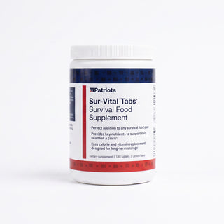 4Patriots Sur-Vital Tabs Survival Food Supplement 180-tablet container on a white background, labeled as a perfect addition to any survival food plan providing key nutrients and easy calorie and vitamin replacement designed for long-term storage, lemon flavor