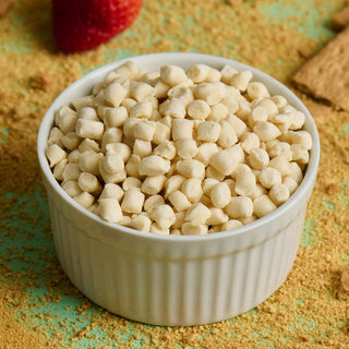 White ramekin filled with 4Patriots Freeze-Dried Cheesecake Bites surrounded by graham cracker crumbs and a fresh strawberry on a teal surface