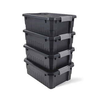 Small 4-Gallon Water-Resistant Stackable Storage Totes shown as a 4-pack of black latching bins stacked for survival gear storage