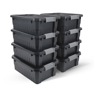 Small 4-Gallon Water-Resistant Stackable Storage Totes shown as an 8-pack of black stackable bins in two columns for survival gear