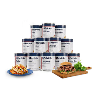 Ultimate Meat Medley array of 4Patriots canned beef, chicken, ground beef, turkey and pork with tacos and a pulled pork sandwich