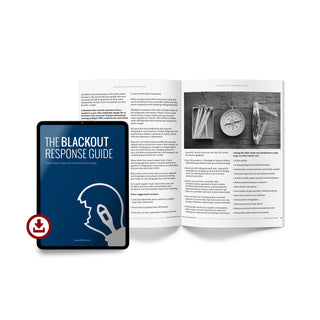Digital tablet displaying The Blackout Response Guide eBook cover alongside open printed pages showing emergency preparedness tips and survival checklists