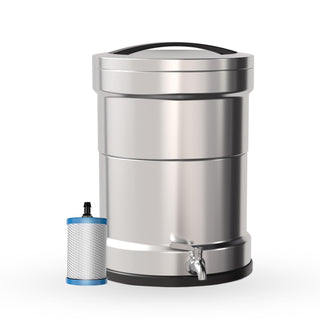 Patriot Pure Ultimate Water Filtration System & Nanomesh Filter, stainless steel gravity survival water purifier displayed beside its Nanomesh filter cartridge