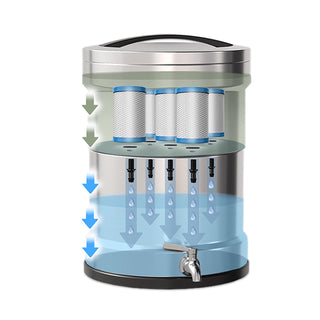 Patriot Pure Ultimate Water Filtration System & Nanomesh Filter cutaway diagram showing filter cartridges purifying water as it flows into the lower chamber
