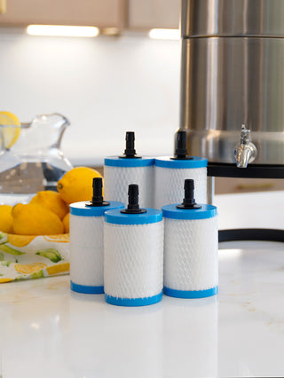 Five Patriot Pure Nanomesh filter cartridges on a kitchen counter beside the Ultimate Water Filtration System, pleated water purification filter elements