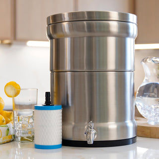 Patriot Pure Ultimate Water Filtration System & Nanomesh Filter on a kitchen counter beside its filter cartridge, lemons and a pitcher of clean water