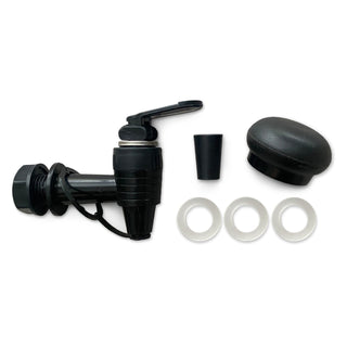 Patriot Pure Ultimate Water Filtration System Replacement Parts, the black spigot, rubber stopper, cap and gasket washers laid out on a white background