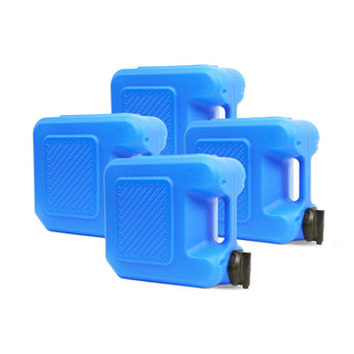 Patriot Pure Water Storage System four-pack of stackable blue emergency water containers with spigots, arranged for long-term water storage and off-grid preparedness