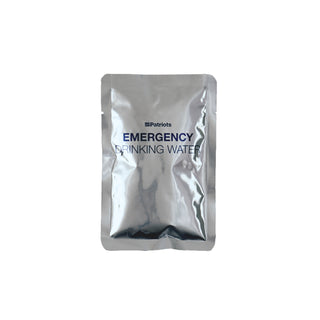 Emergency Drinking Water Pouches - 3-Day Supply single silver foil pouch shown on white, shelf-stable emergency drinking water for survival