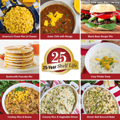4Patriots 1-year food tiles of america’s finest mac & cheese, aztec chili with mango, black bean burger mix, buttermilk pancake mix, cozy potato soup, cowboy rice & beans, creamy rice & vegetable dinner, and dinner bell broccoli bake. 25-year shelf life. More than 1 serving pictured.