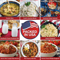 4Patriots 1-year food tiles of fireside stew, frank’s favorite alfredo, grammy’s sweet oatmeal, heartland’s finest powdered milk, hearty stroganoff, nonna’s best lasagna-style marinara, ma’s hearty chili mac, and nonna’s secret recipe spaghetti. Packed in the USA. More than 1 serving pictured.