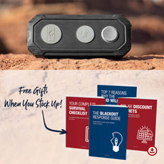 4Patriots Eclipse 99wh power bank includes free gifts: Top 7 reasons why the grid will fail digital report, your complete survival checklist digital report, the blackout response guide digital report, and the solar discount secrets digital report