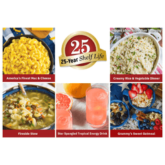 4Patriots 2-Week food tiles of America’s finest mac & cheese, creamy rice & vegetable dinner, fireside stew, star spangled tropical energy drink, and grammy’s sweet oatmeal. 25-year shelf life. More than 1 serving pictured.