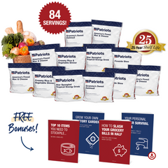 4Patriots 2-Week Survival Food Kit includes free bonus gifts: Top 10 Items Sold Out After a Crisis Digital Guide, Water Survival Digital Guide, Survival Garden Digital Guide, How To Cut Your Grocery Bills in Half Digital Guide