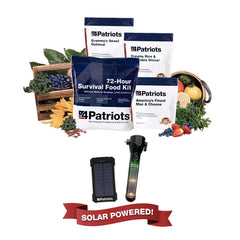 4Patriots Survival Starter Bundle includes: 72-Hour Survival Food Kit, Patriot Power Cell, and the Halo-XT Tactical Flashlight.