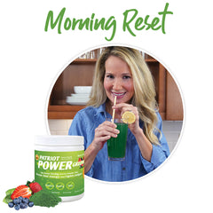 Morning Reset: Mindy drinking a glass of Patriot Power Greens.