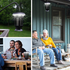 BugOUT Solar Lantern being used outside on the patio with an elderly couple in rocking chairs and sitting on an outdoor dining table with a young couple.