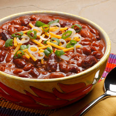 Prepared classic bean chili in a bowl.