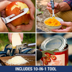 Included 10-in-1 tool: pealing an apple, eating mac & cheese with a fork, shredding cheese, and opening a can