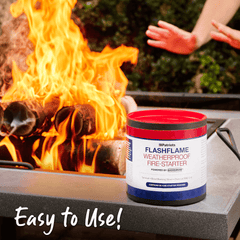 4Patriots FlashFlame Weatherproof Fire-Starter next to a fireplace and someone warming their hands. Easy to use!