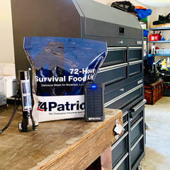 4Patriots Survival Starter Bundle on a bench inside a garage