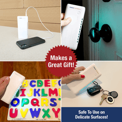 Patriot PowerUV Disinfecting Power Bank being used to charge a phone, disinfect a doorknob, disinfect toys, and disinfect keys.