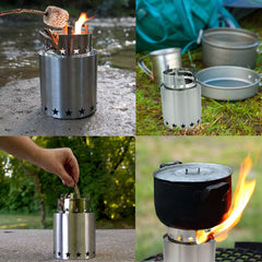 4Patriots StarFire camp stove muli-use: roasting a marshmallow, adding kindle, next to pots and pans, cooking food in a pot.