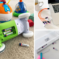 USB-Rechargeable AAA Battery Kit being used in multiple household items: toys, keyboard, laptop