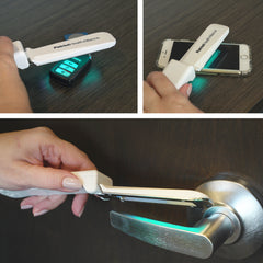 Patriot Pure UV Wand being used to disinfect keys, a cell phone and a doorknob.